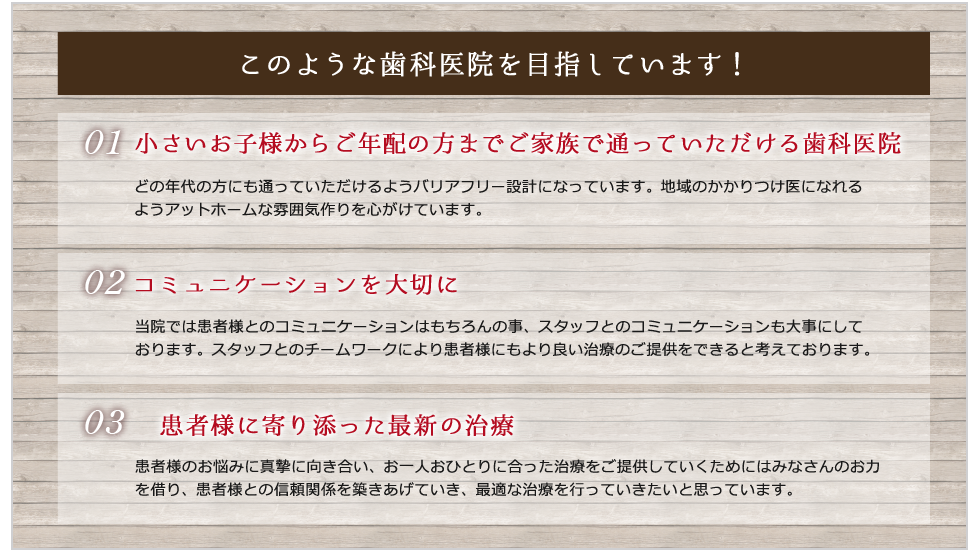 松戸秋山いけだ歯科クリニックは、このような歯科医院を目指しています！